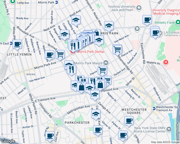 map of restaurants, bars, coffee shops, grocery stores, and more near 995 Pierce Avenue in Bronx
