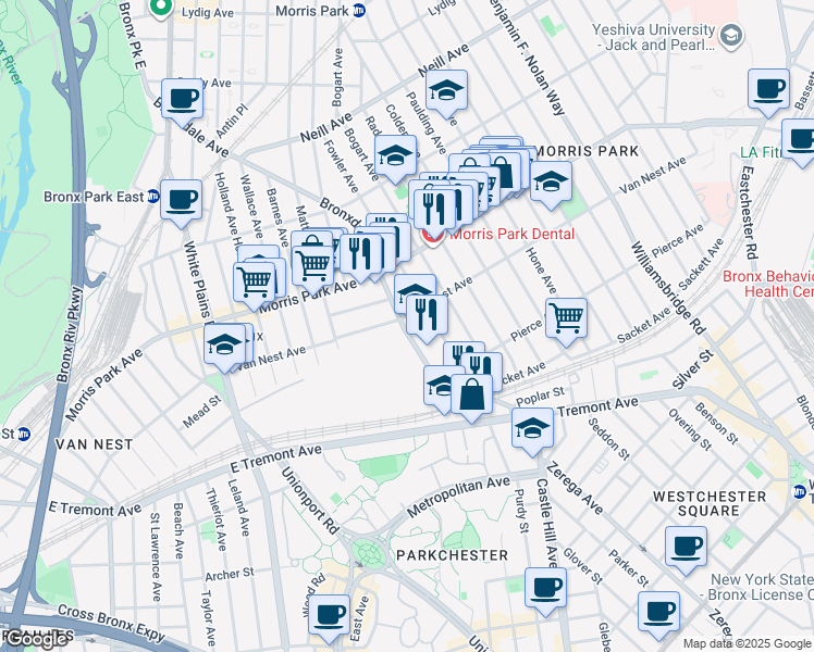 map of restaurants, bars, coffee shops, grocery stores, and more near 1681 Bronxdale Avenue in Bronx