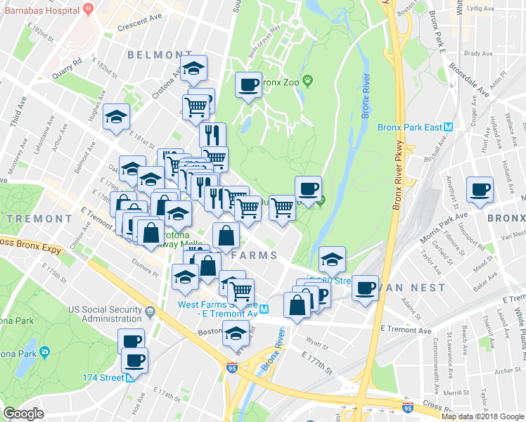 map of restaurants, bars, coffee shops, grocery stores, and more near 2137 Vyse Avenue in Bronx
