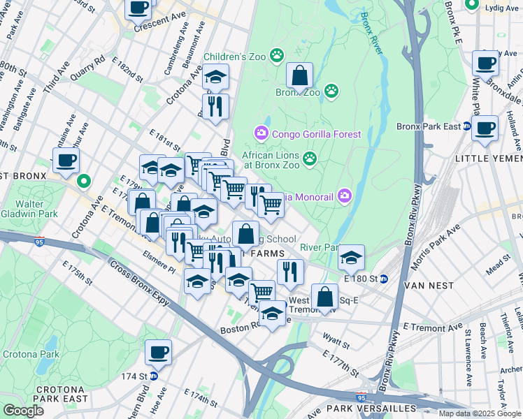 map of restaurants, bars, coffee shops, grocery stores, and more near 2116 Daly Avenue in The Bronx