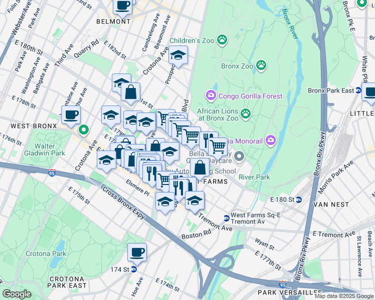 map of restaurants, bars, coffee shops, grocery stores, and more near 2102 Honeywell Avenue in The Bronx