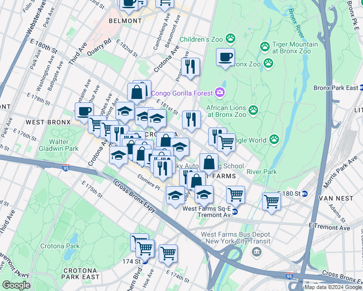 map of restaurants, bars, coffee shops, grocery stores, and more near 2079 Mohegan Avenue in The Bronx