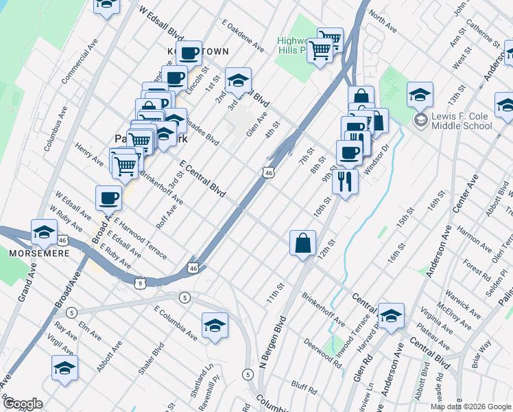 map of restaurants, bars, coffee shops, grocery stores, and more near 319A 7th Street in Palisades Park