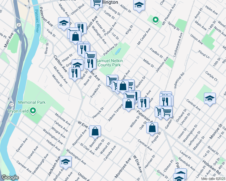 map of restaurants, bars, coffee shops, grocery stores, and more near 674 Paterson Avenue in East Rutherford