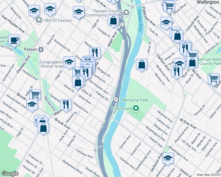 map of restaurants, bars, coffee shops, grocery stores, and more near 41 Spring Street in Passaic