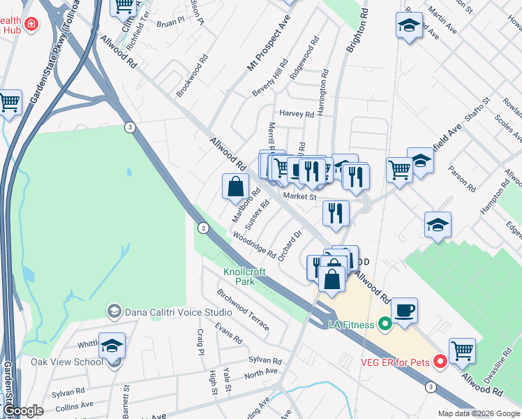 map of restaurants, bars, coffee shops, grocery stores, and more near 29 Sussex Road in Clifton