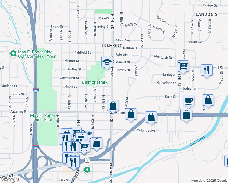 map of restaurants, bars, coffee shops, grocery stores, and more near 3320 North 14th Street in Lincoln
