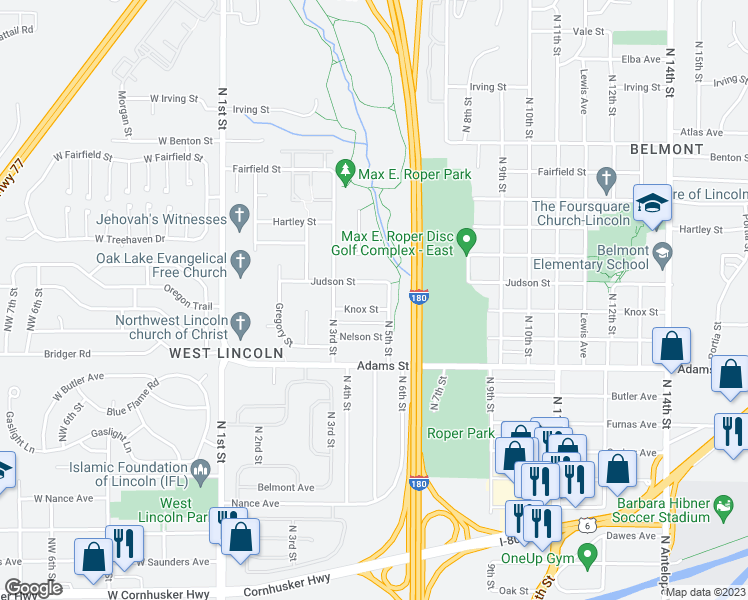 map of restaurants, bars, coffee shops, grocery stores, and more near 412 Knox Street in Lincoln