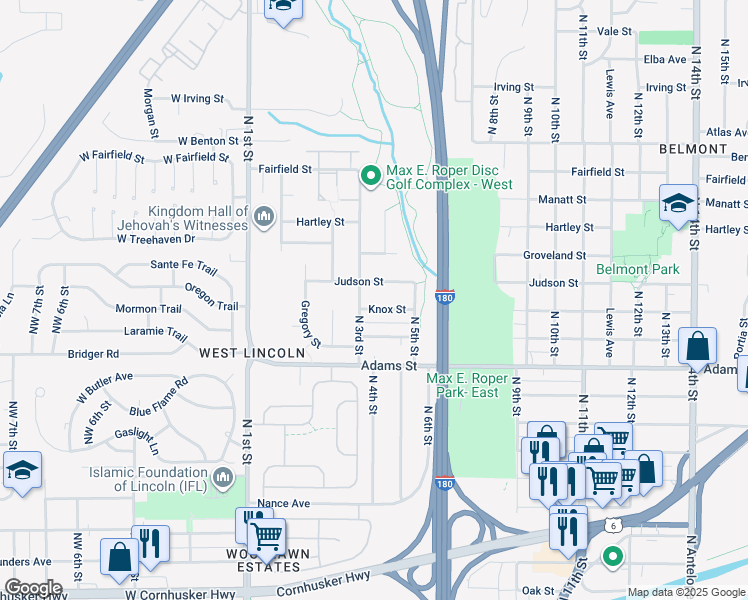 map of restaurants, bars, coffee shops, grocery stores, and more near 3300 North 3rd Street in Lincoln