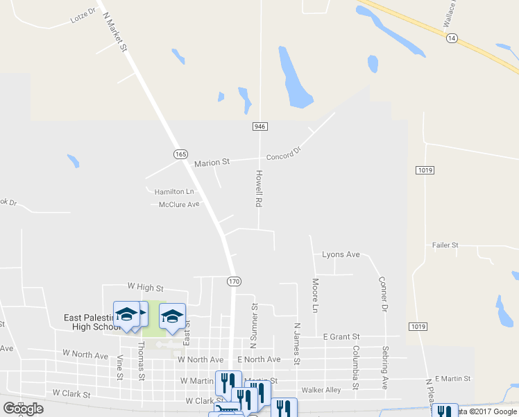 map of restaurants, bars, coffee shops, grocery stores, and more near 952 Howell Road in East Palestine