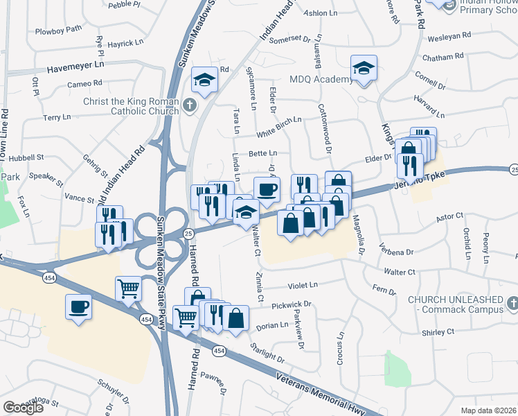 map of restaurants, bars, coffee shops, grocery stores, and more near 2055 Jericho Turnpike in Commack