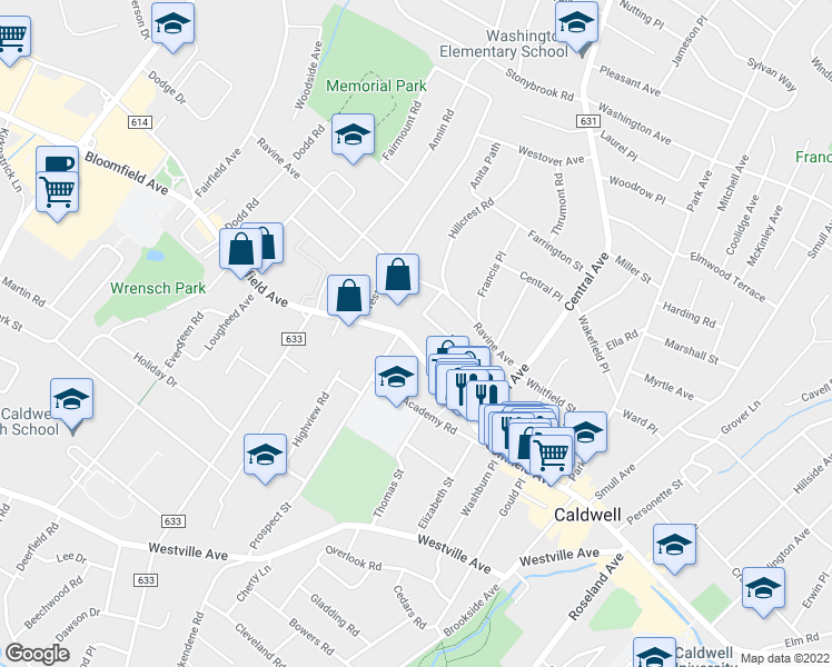 map of restaurants, bars, coffee shops, grocery stores, and more near 507 Bloomfield Avenue in Caldwell