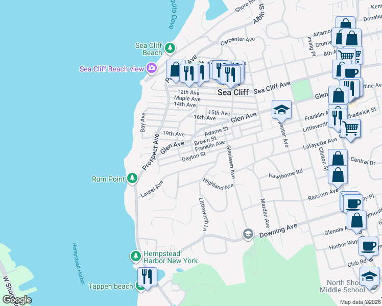 map of restaurants, bars, coffee shops, grocery stores, and more near 35 Cedar Place in Sea Cliff