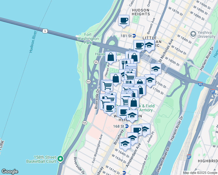 map of restaurants, bars, coffee shops, grocery stores, and more near 720 West 172nd Street in New York
