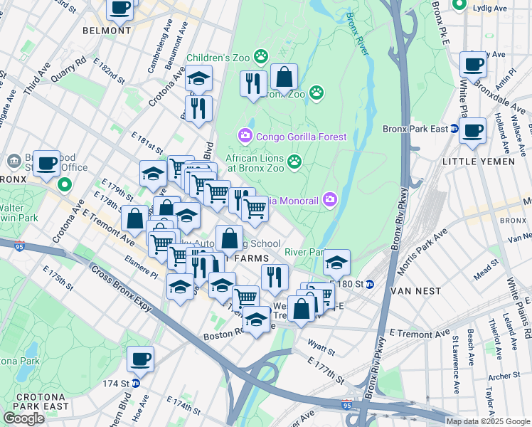 map of restaurants, bars, coffee shops, grocery stores, and more near 2137 Vyse Avenue in Bronx