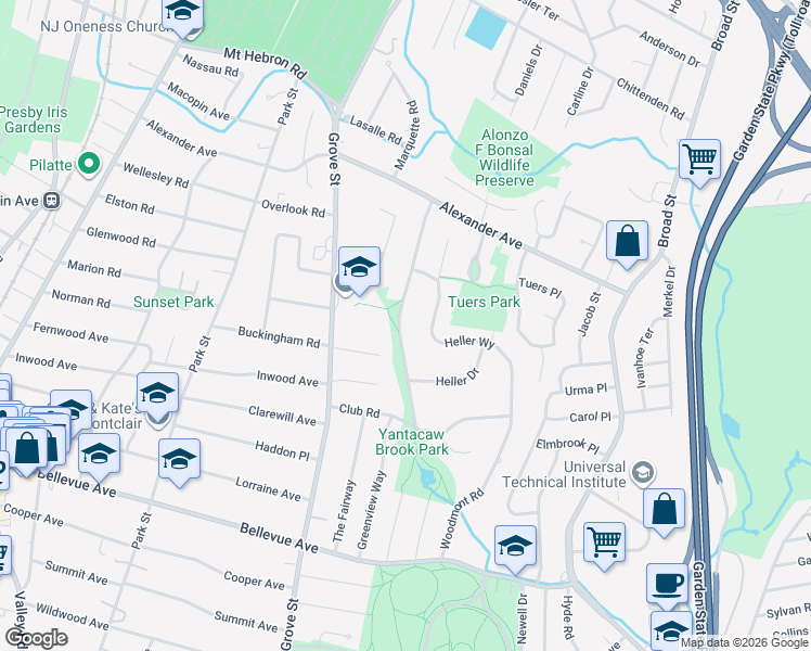 map of restaurants, bars, coffee shops, grocery stores, and more near 86 Yantacaw Brook Road in Montclair