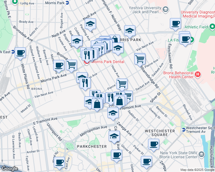 map of restaurants, bars, coffee shops, grocery stores, and more near 995 Pierce Avenue in Bronx