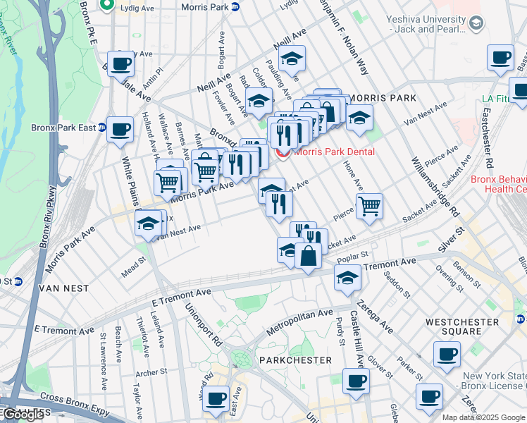 map of restaurants, bars, coffee shops, grocery stores, and more near 1681 Bronxdale Avenue in Bronx