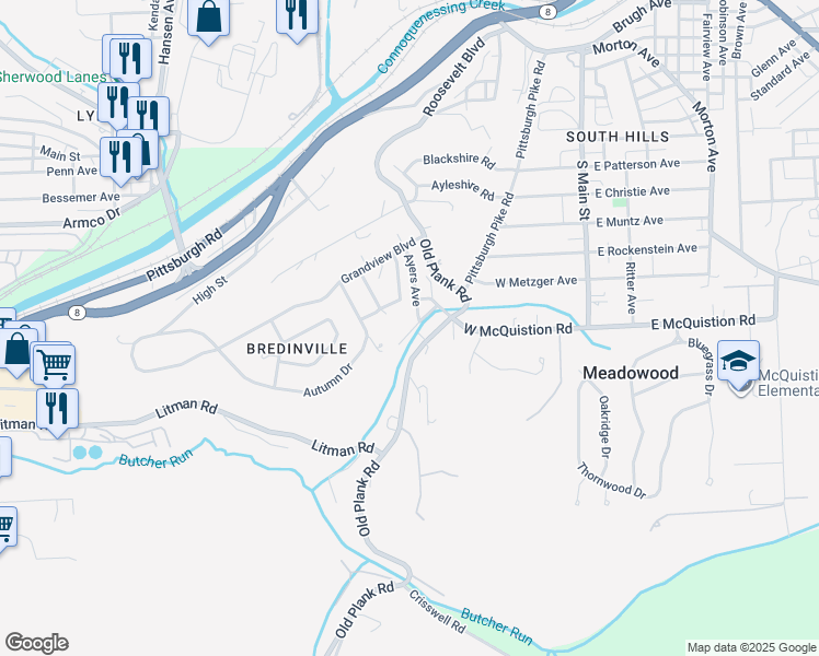 map of restaurants, bars, coffee shops, grocery stores, and more near 104 Jersey Drive in Butler