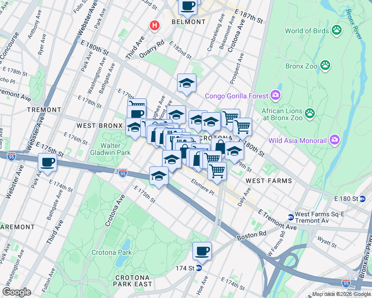 map of restaurants, bars, coffee shops, grocery stores, and more near in The Bronx