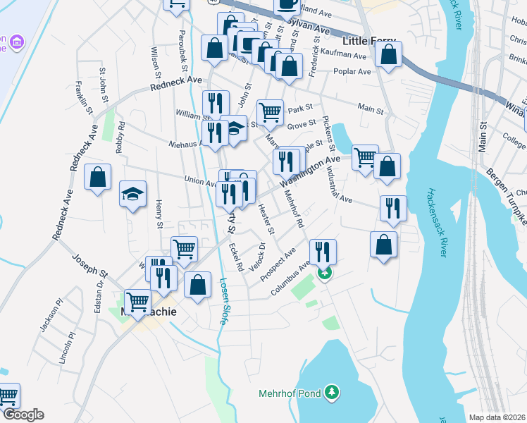 map of restaurants, bars, coffee shops, grocery stores, and more near 26 Hester Street in Little Ferry