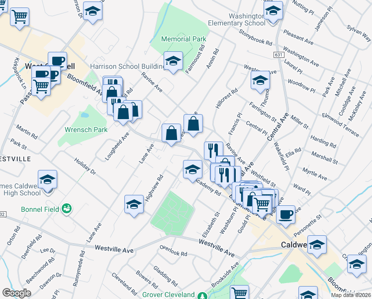 map of restaurants, bars, coffee shops, grocery stores, and more near 512 Bloomfield Avenue in Caldwell