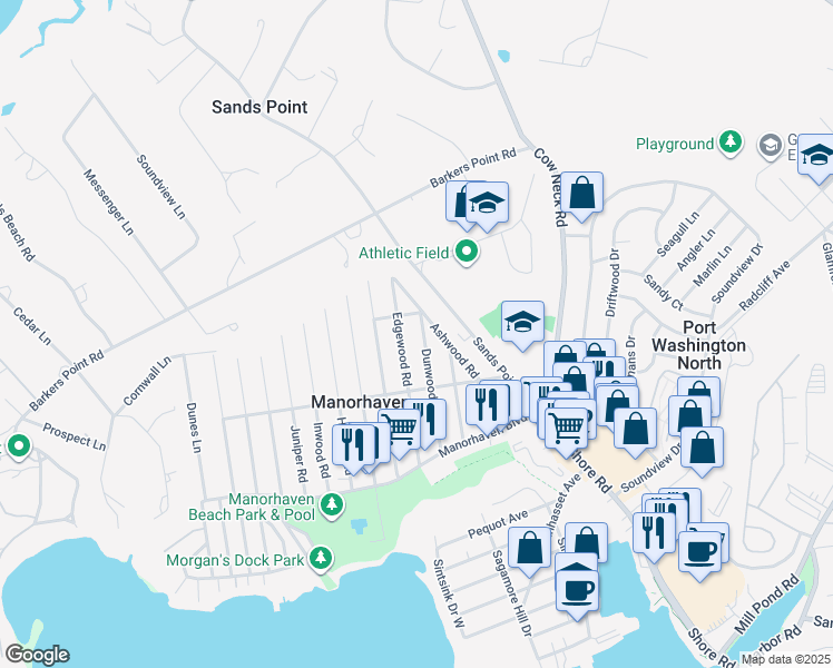 map of restaurants, bars, coffee shops, grocery stores, and more near 60 Edgewood Road in Port Washington