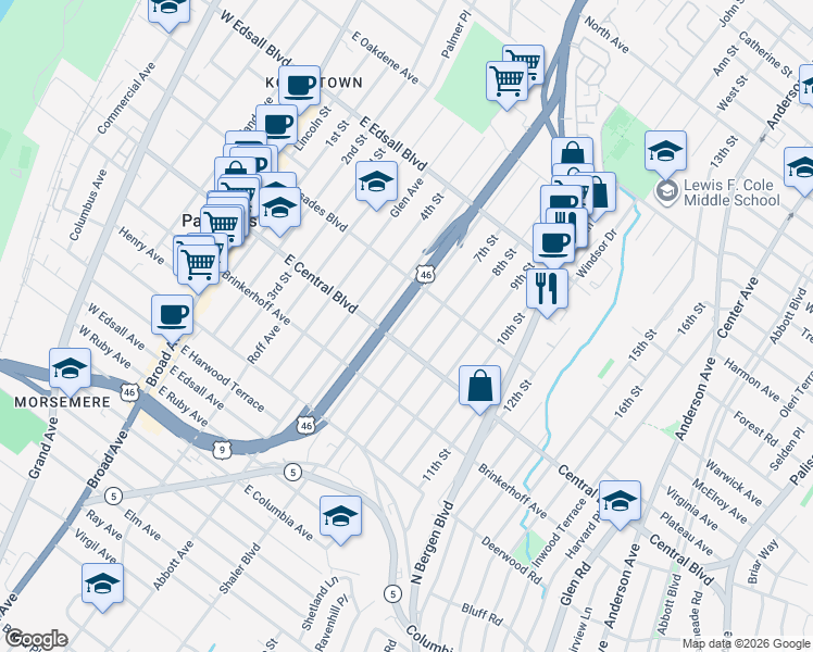 map of restaurants, bars, coffee shops, grocery stores, and more near 319A 7th Street in Palisades Park