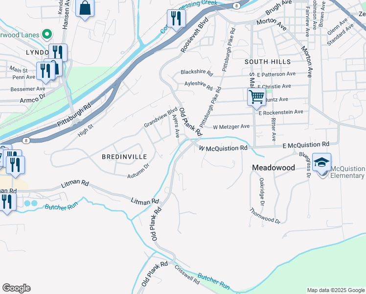 map of restaurants, bars, coffee shops, grocery stores, and more near 104 Jersey Drive in Butler