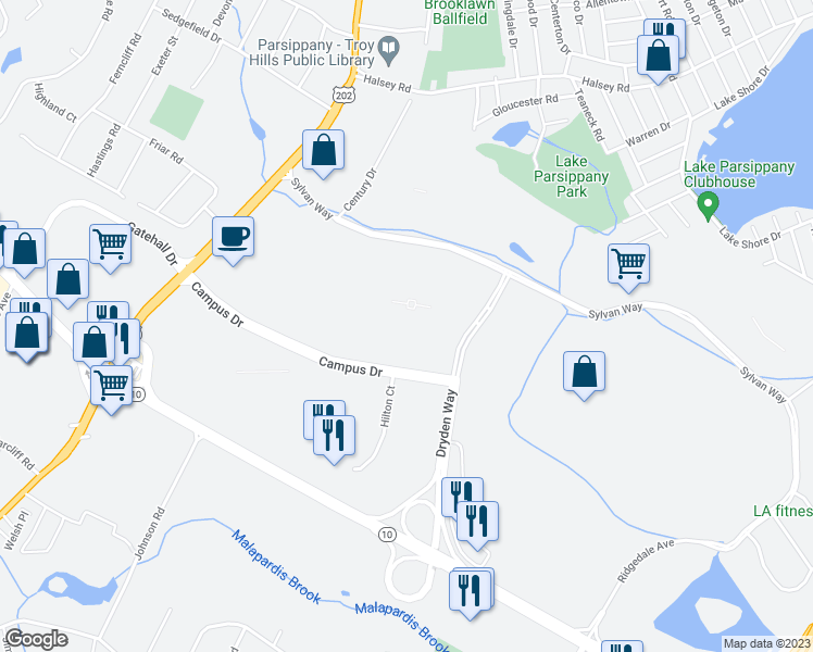 map of restaurants, bars, coffee shops, grocery stores, and more near 8 Campus Drive in Parsippany-Troy Hills