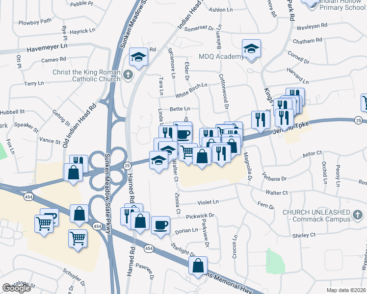 map of restaurants, bars, coffee shops, grocery stores, and more near 2055 Jericho Turnpike in Commack