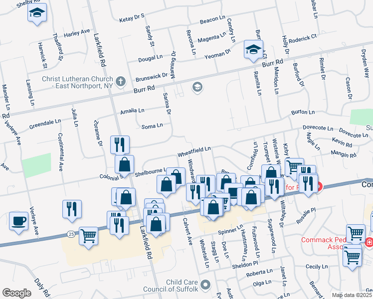 map of restaurants, bars, coffee shops, grocery stores, and more near 38 Wheatfield Lane in Commack