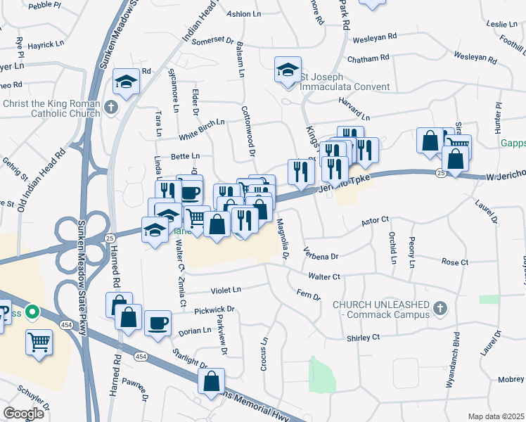 map of restaurants, bars, coffee shops, grocery stores, and more near 2002 Jericho Turnpike in Commack