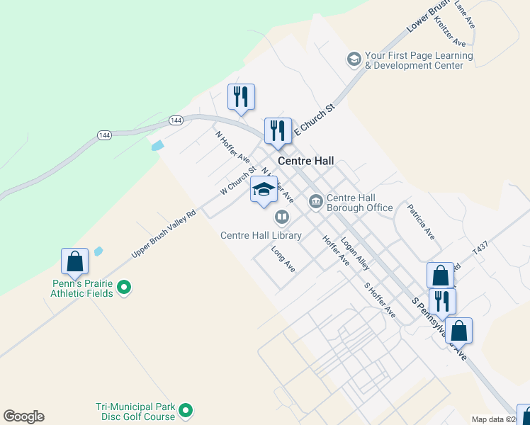 map of restaurants, bars, coffee shops, grocery stores, and more near 211 North Hoffer Avenue in Centre Hall