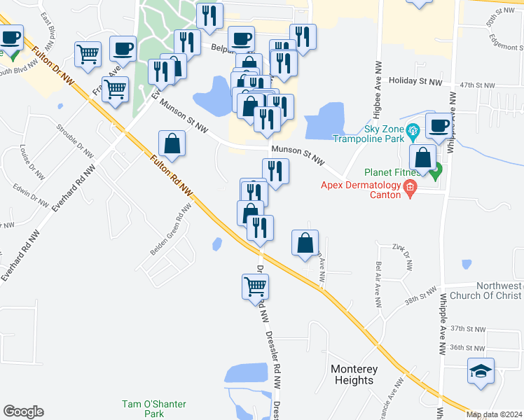 map of restaurants, bars, coffee shops, grocery stores, and more near 4365 Dressler Road Northwest in Canton
