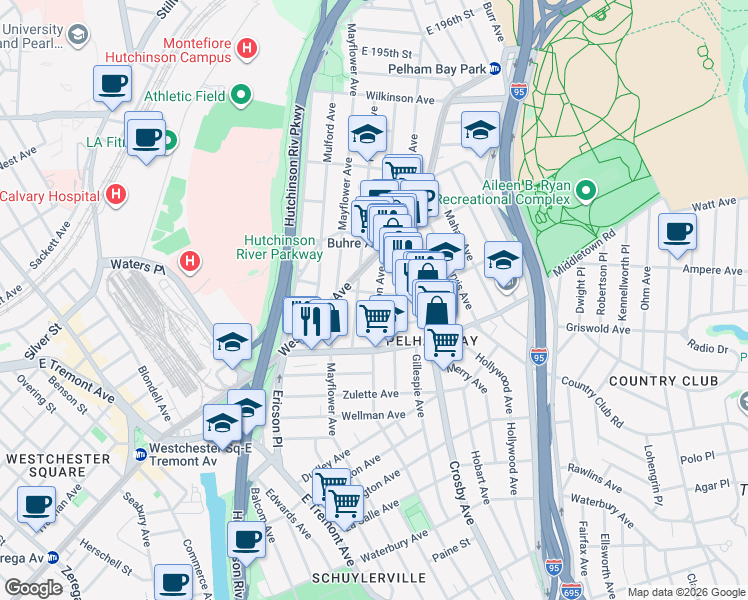 map of restaurants, bars, coffee shops, grocery stores, and more near 1649 Edison Avenue in Bronx