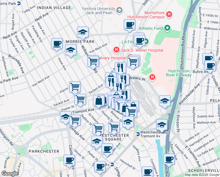 map of restaurants, bars, coffee shops, grocery stores, and more near 1536 Williamsbridge Road in Bronx
