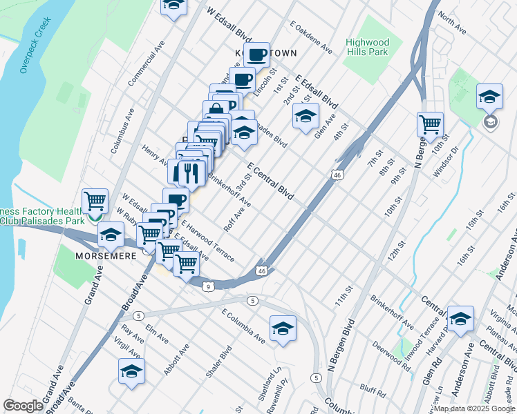 map of restaurants, bars, coffee shops, grocery stores, and more near 115 Brinkerhoff Avenue in Palisades Park