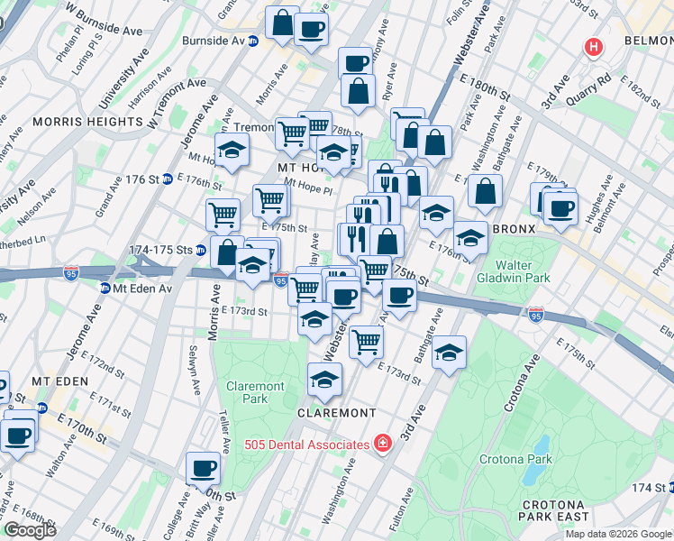map of restaurants, bars, coffee shops, grocery stores, and more near 1746 Anthony Avenue in Bronx