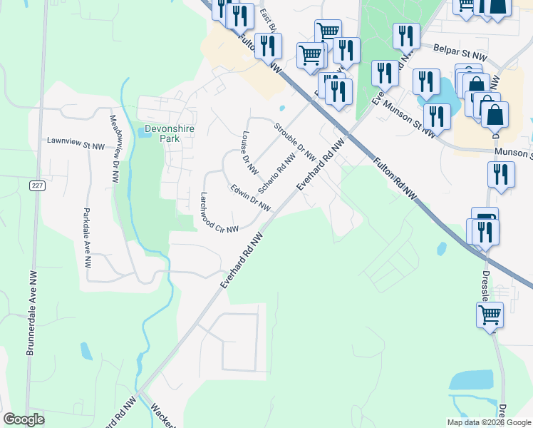 map of restaurants, bars, coffee shops, grocery stores, and more near 4301 Larchwood Circle Northwest in Canton