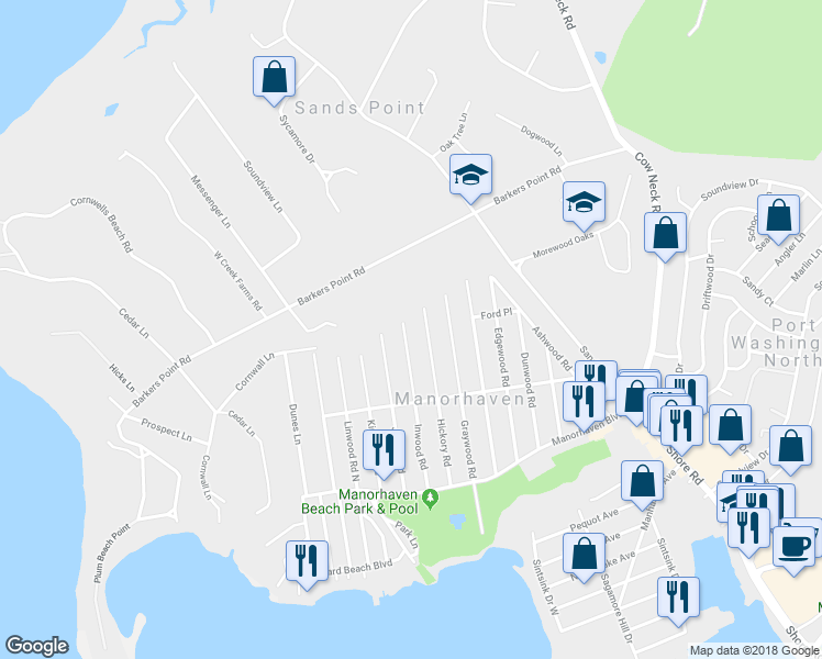 map of restaurants, bars, coffee shops, grocery stores, and more near 80 Inwood Road in Port Washington