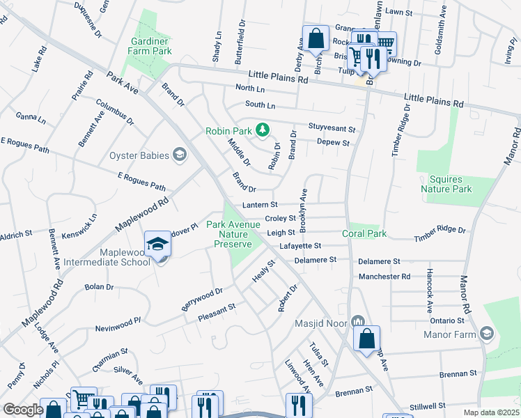 map of restaurants, bars, coffee shops, grocery stores, and more near 9 Croley Street in Huntington