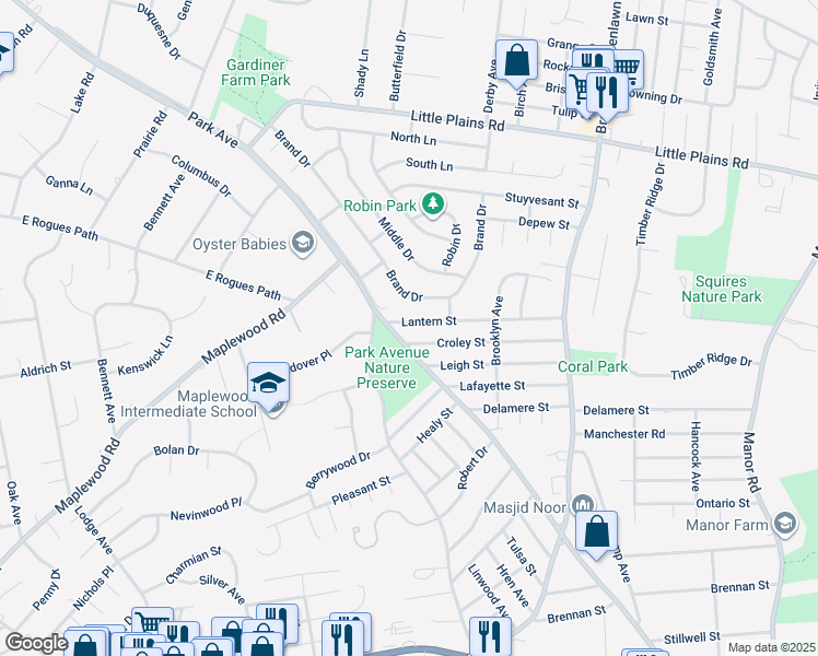 map of restaurants, bars, coffee shops, grocery stores, and more near 954 Park Avenue in Huntington