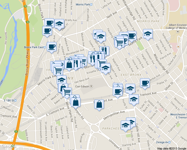 map of restaurants, bars, coffee shops, grocery stores, and more near 852 Van Nest Avenue in Bronx