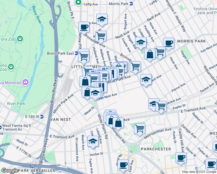 map of restaurants, bars, coffee shops, grocery stores, and more near 1720 Wallace Avenue in Bronx