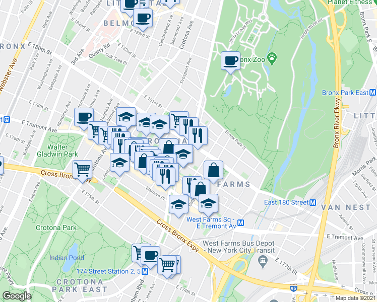 map of restaurants, bars, coffee shops, grocery stores, and more near 2079 Mohegan Avenue in The Bronx