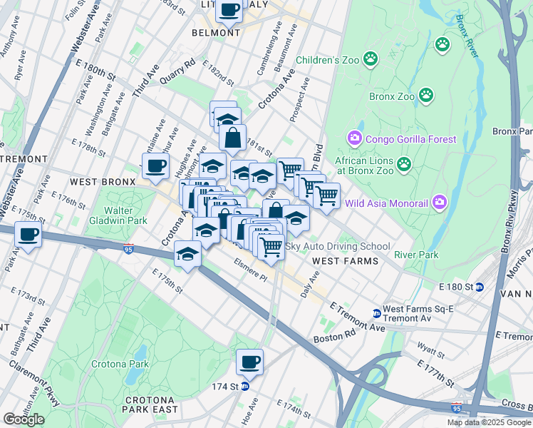 map of restaurants, bars, coffee shops, grocery stores, and more near in Bronx
