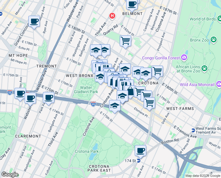 map of restaurants, bars, coffee shops, grocery stores, and more near 706 East Tremont Avenue in The Bronx