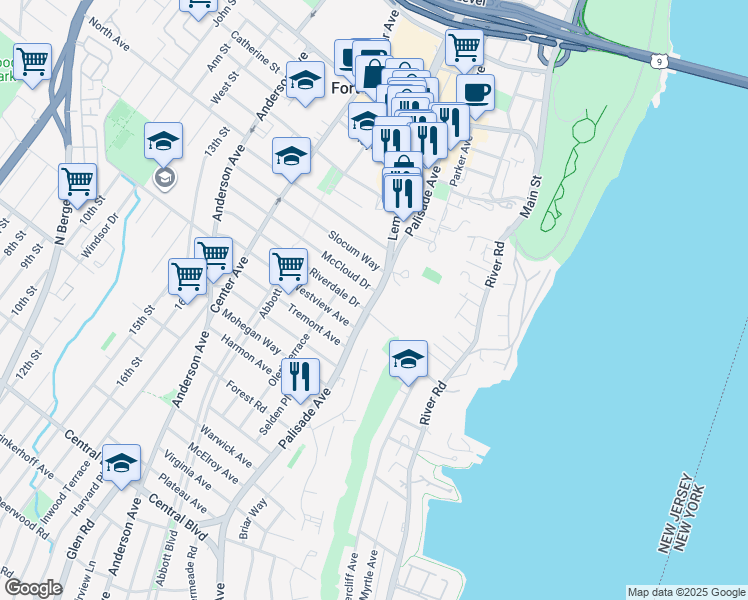 map of restaurants, bars, coffee shops, grocery stores, and more near 1500 Palisade Avenue in Fort Lee