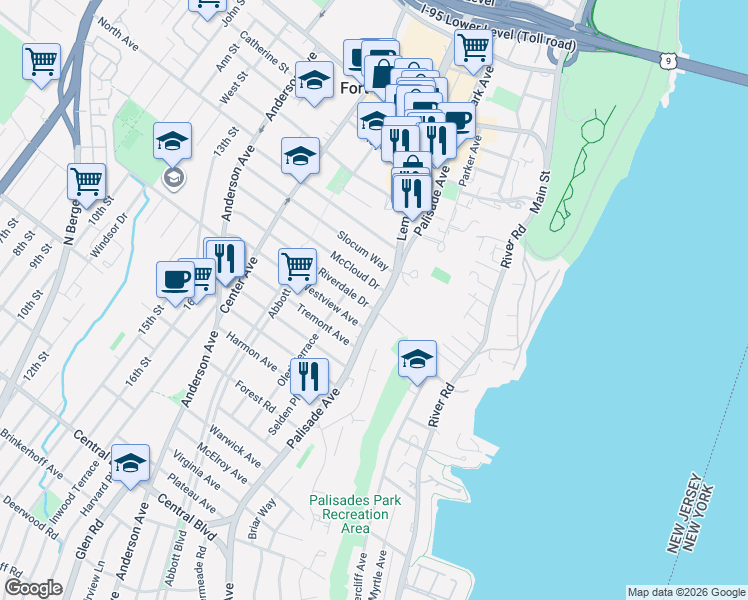map of restaurants, bars, coffee shops, grocery stores, and more near 210 Riverdale Drive in Fort Lee